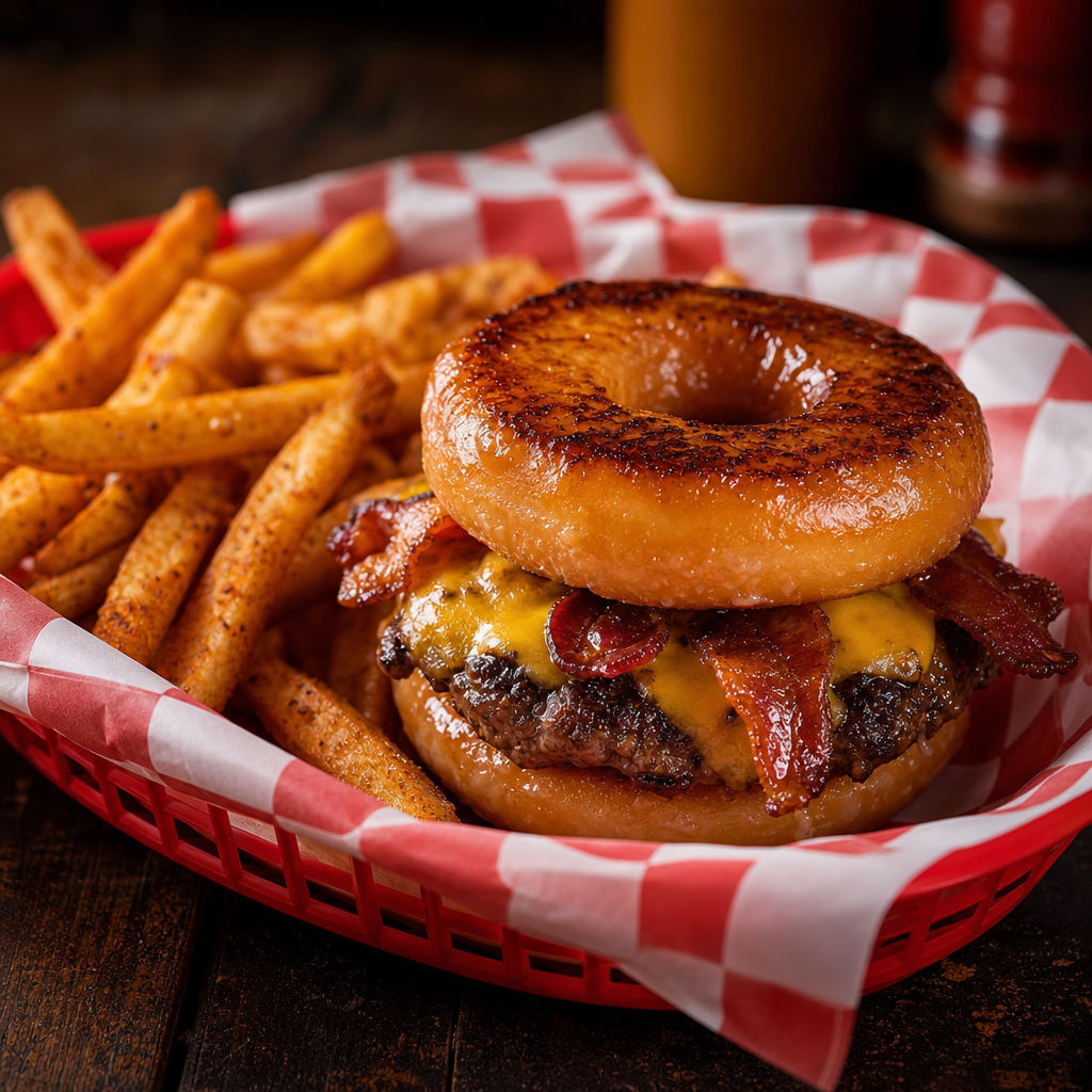 Glazed donut burger with bacon and fries in a red basket
